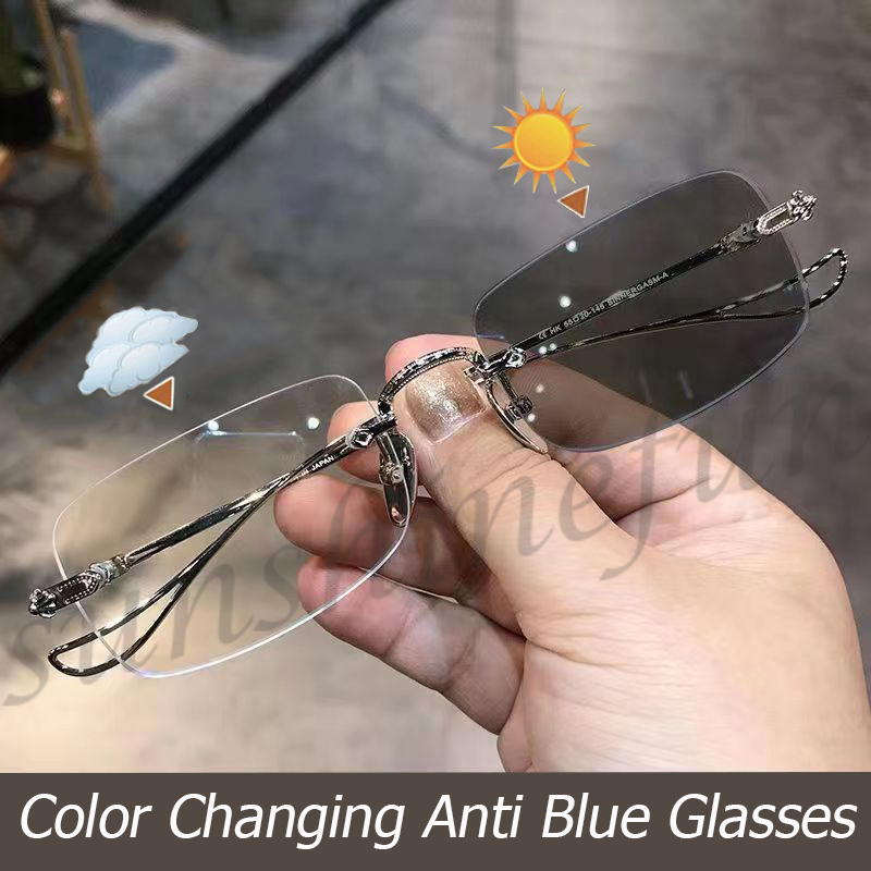 [Free Gift] สไตล์เกาหลี แว่นตาแฟชั่น แว่นสายตาสั้น กันแสงสีฟ้า UV400 2 in 1 ตา แว่นไร้ขอบ เลนส์ออโต้ (-50 ถึง -600)