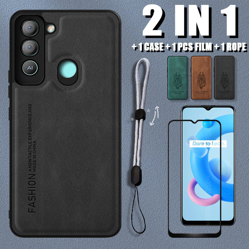 2 IN 1 เคสโทรศัพท์มือถือหนังนิ่ม หรูหรา พร้อมฟิล์มเซรามิค และสายคล้อง ปรับได้ สําหรับ Tecno Pop 5 LT