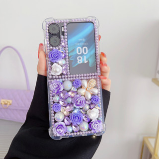 เคสโทรศัพท์มือถือแบบแข็ง ใส ฝังเพชร พร้อมสายคล้องมือ สําหรับ OPPO FIND N2 FLIP