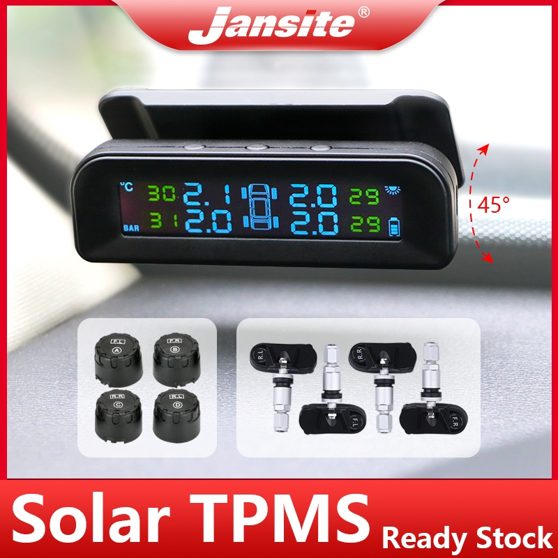 Jansite พลังงานแสงอาทิตย์ วัดลมยาง TPMS เครื่องวัดลมยาง Solar เครื่องวัดลมยางรถยนต์ ความแม่นยำในการวัดสูง โหมดชาร์จคู่ แข็งแรงขึ+ 4 เซ็นเซอร์