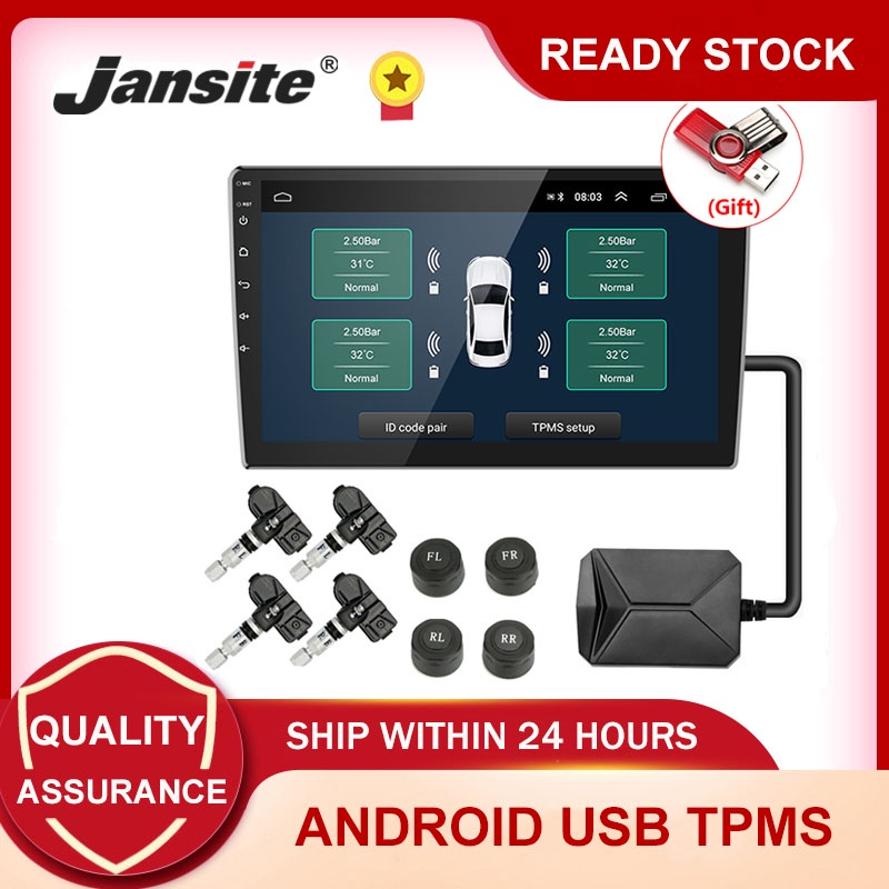 Jansite TPMS ระบบตรวจสอบความดันลมยางรถยนต์ USB แอนดรอยด์ TPMS สําหรับเครื่องเล่น Android 8 bar 116 psi พร้อมเซนเซอร์ 4 ตัว