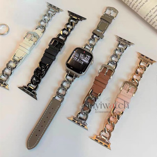 【ลดกระหน่ํา】สายนาฬิกาข้อมือหนัง เย็บโลหะ ขนาดเล็ก สําหรับ iwatch Band 45 มม. 49 มม. 41 มม. 40 มม. 38 มม. 42 มม. iwatch Series S8 Ultra 7 SE 6 5 4 3 2