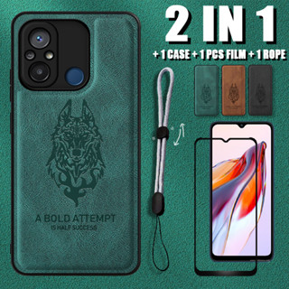 2 IN 1 เคสหนังหรูหรา ลายหมาป่า พร้อมเชือกปรับได้ และตัวป้องกันหน้าจอเซรามิค สําหรับ Redmi 12C