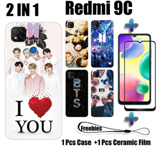 2 IN 1 เคสโทรศัพท์มือถือ เซรามิค กันรอยหน้าจอ ทรงโค้ง ลาย BTS สําหรับ Redmi 9C