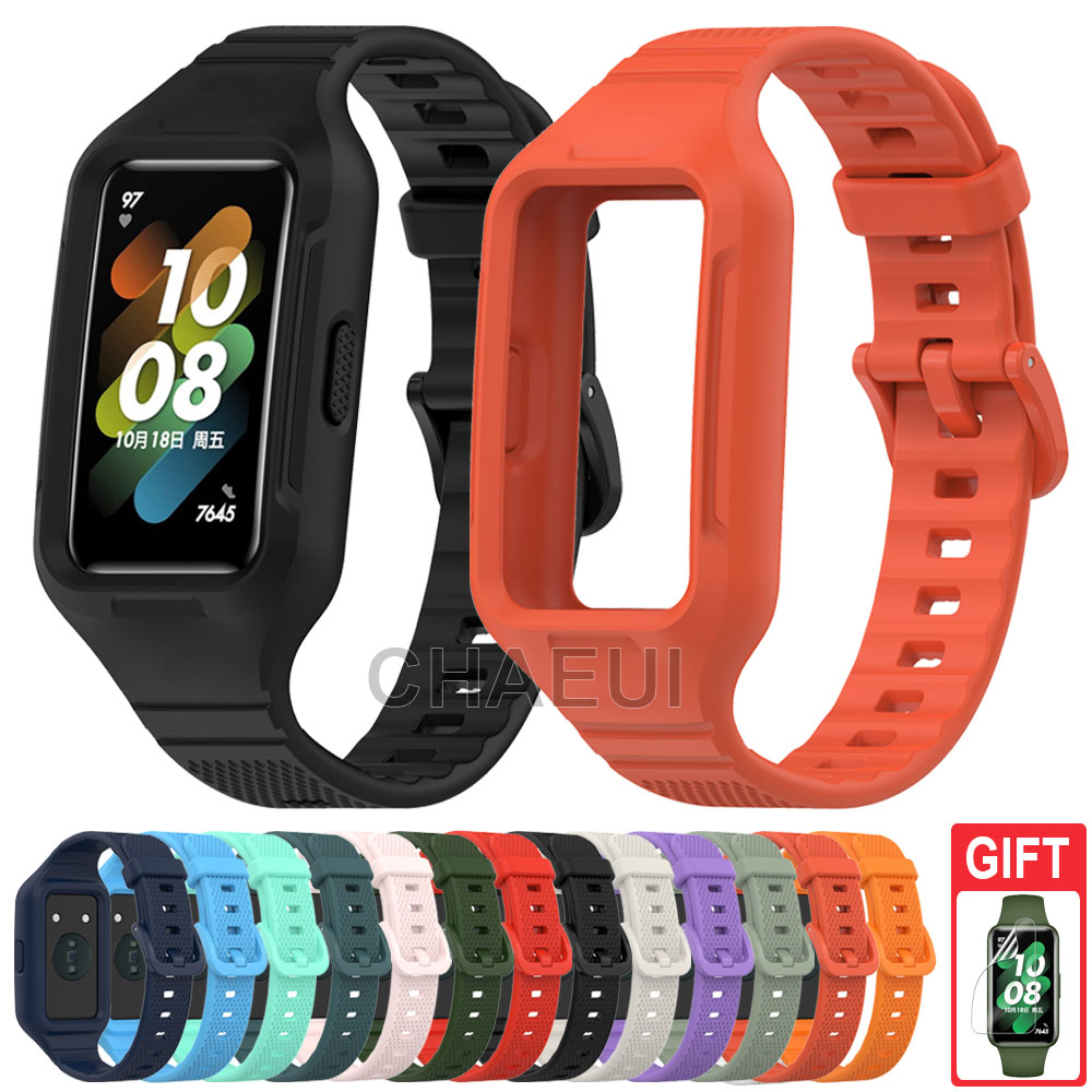 สายรัดซิลิโคนพร้อมเคสอุปกรณ์เสริมสร้อยข้อมือนูนสําหรับ Huawei Band 11 Pro 10 9 8 7 6 / Honor Band 9 7 6