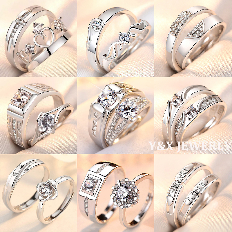 【Y&X】แหวนเงินแท้ 925 ประดับเพทาย ปรับได้ ของขวัญวันวาเลนไทน์ สําหรับผู้ชาย และผู้หญิง 2 ชิ้น