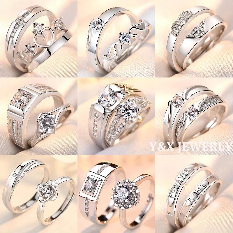 【Y&X】แหวนเงินแท้ 925 ประดับเพทาย ปรับได้ ของขวัญวันวาเลนไทน์ สําหรับผู้ชาย และผู้หญิง 2 ชิ้น