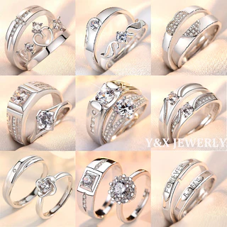 【Y&X】แหวนเงินแท้ 925 ประดับเพทาย ปรับได้ ของขวัญวันวาเลนไทน์ สําหรับผู้ชาย และผู้หญิง 2 ชิ้น