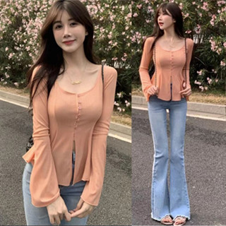 เสื้อแขนยาว คอกลม และกางเกงยีนขายาว สีฟ้า สองชิ้น แฟชั่นสําหรับผู้หญิง