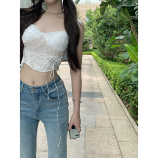 【JMWOMEN】เสื้อท็อปยกทรงสั้น เอวสูง เข้ารูป แต่งลูกไม้ ลายดอกไม้น่ารัก ขนาดเล็ก สําหรับผู้หญิง