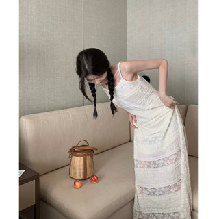 【JMWOMEN】ชุดเดรสกระโปรงยาว สายเดี่ยว ปักลายลูกไม้ สามารถปรับได้ สไตล์เกาหลี สําหรับสตรี