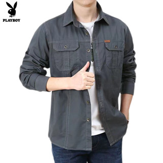 Playboy Mens long sleeved shirt with multiple pockets casual work shirt