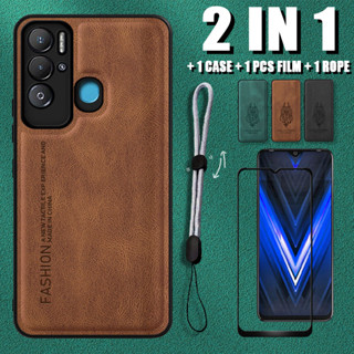 2 IN 1 เคสหนังหรูหรา พร้อมเชือกปรับได้ และตัวป้องกันหน้าจอเซรามิค สําหรับ Tecno Pova Neo LE6 LE6h