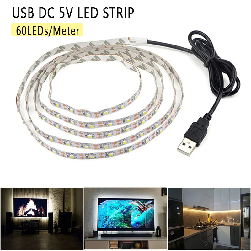 5V USB LED Strip Light 2835 60LEDs/m, Warm White/White Backlight สําหรับทีวี, Holiday Party & Home Decor Lighting