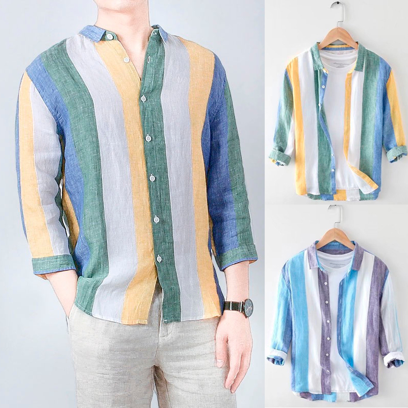 【พร้อมส่ง S-4XL】เสื้อเชิ้ตผ้าลินิน แขน 3/4 เสื้อเชิ้ต ลายทาง เสื้อเชิ้ตเกาหลีแขนสั้น ทรงหลวม แฟชั่นฤดูร้อน