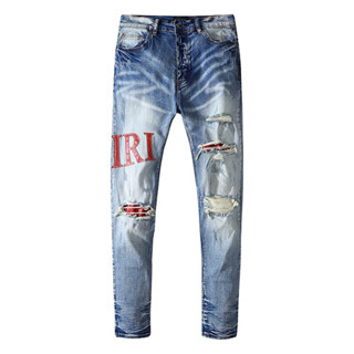 Amiri สตรีทแฟชั่นผู้ชายกางเกงยีนส์ Slim Fit วินเทจสีฟ้าฉีกแพทช์โลโก้แบรนด์กระดุมผู้ชายกางเกงยีนส์ฮิปฮอป