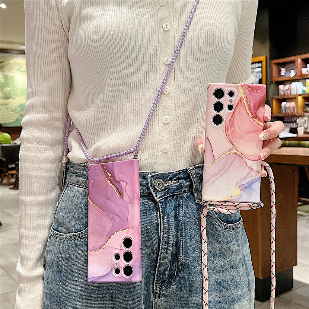 แฟชั่น รอยสักหิน สายห้อย ซองโทรศัพท์ Samsung Galaxy S23 Ultra S23 Plus S23 S22 Ultra S22 Plus S22 Case เคสโทรศัพท์ใหม่ ซิลิโคนอ่อนนุ่มป้องกันการตก เคสมือถือซัมซุง