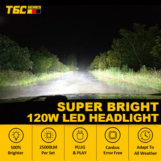 Tuffoo T6C หลอดไฟหน้ารถยนต์ LED 4300K 6000K 120W 25000LM ไม่มีข้อผิดพลาด สีขาว เหลือง สําหรับรถยนต์ H4 H7 H1 H9 H11 HB3 9005 HB4 9006 881 H27 D2H 9012 HIR2 3000K 2 ชิ้น