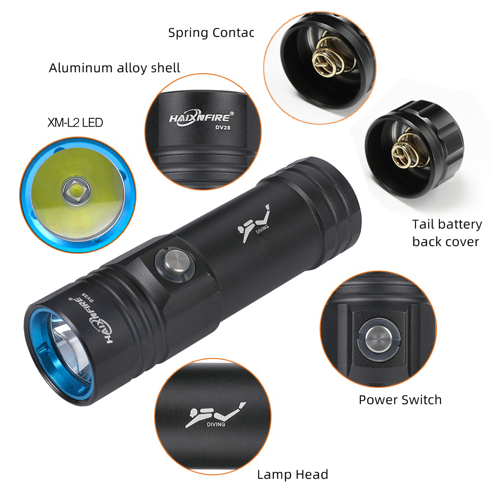 ไฟฉายดำน้ำระดับมืออาชีพ HaixnFire DV28 IPX8 ไฟฉาย LED กันน้ำที่สว่างมาก ไฟฉายกันน้ำแบบอะลูมิเนียมอัลลอยด์ ไฟฉายส่องสว่างสูง - รูปที่ 6
