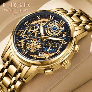 LIGE นาฬิกากันน้ำสำหรับผู้ชายแบรนด์หรูนาฬิกาแฟชั่นธุรกิจกีฬาควอตซ์ Chronograph นาฬิกาข้อมือ