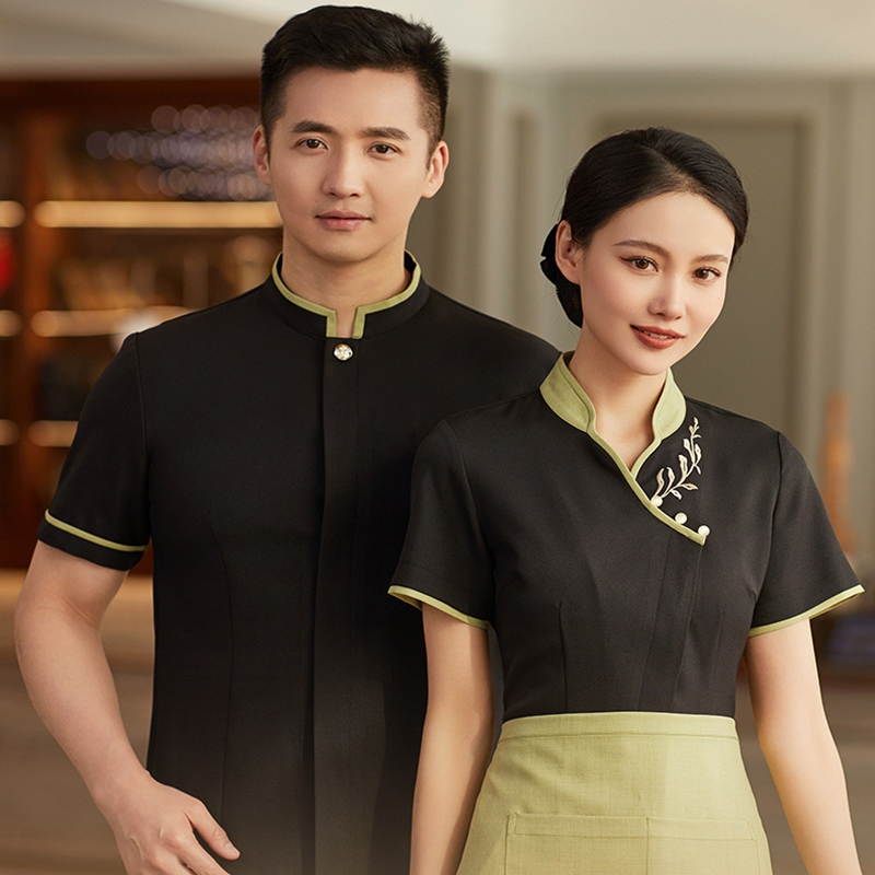 ชุดยูนิฟอร์มพนักงานเสิร์ฟ แขนสั้น เรียบง่าย แฟชั่น สําหรับพนักงานต้อนรับ พนักงานเสิร์ฟ โรงแรม ร้านอาหาร หญิง ชาย