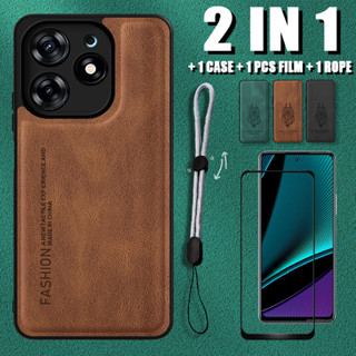 2 IN 1 เคสหนังหรูหรา พร้อมเชือกปรับได้ และตัวป้องกันหน้าจอเซรามิค สําหรับ Tecno Spark 10 Pro KI7