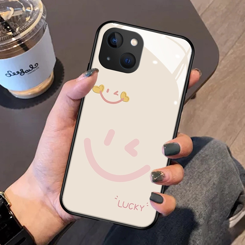 เคสโทรศัพท์มือถือแบบแก้ว ลายหน้ายิ้ม สีฟ้า หรูหรา สําหรับ iPhone 13 14 pro max 12 mini 8 plus 7 6 6s 11 12 13 mini XR XS max
