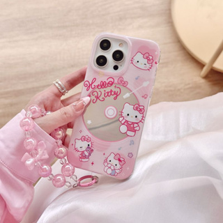 เคสโทรศัพท์มือถือ PC แข็ง ลายการ์ตูนแมว KT สีชมพู พร้อมสายโซ่ลูกปัด สําหรับ iPhone 14 Pro max case 13 Pro max 12 Pro max 14 Pro 13 Pro 12 Pro 11 12 13 14 เคสป้องกัน