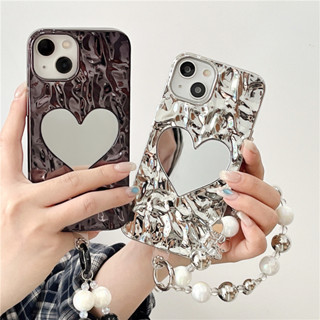 เคสโทรศัพท์มือถือ แบบนิ่ม ลายหัวใจ มีกระจก และสายคล้องมือ สําหรับ iPhone 11 12 13 14 PRO MAX iPhone14 iPhone14ProMax