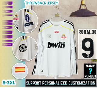 Real --Madrid Home 09/10 [Vintage] เสื้อยืดแขนยาว ลายฟุตบอล สไตล์วินเทจ S-2XL * คุณภาพสูง*