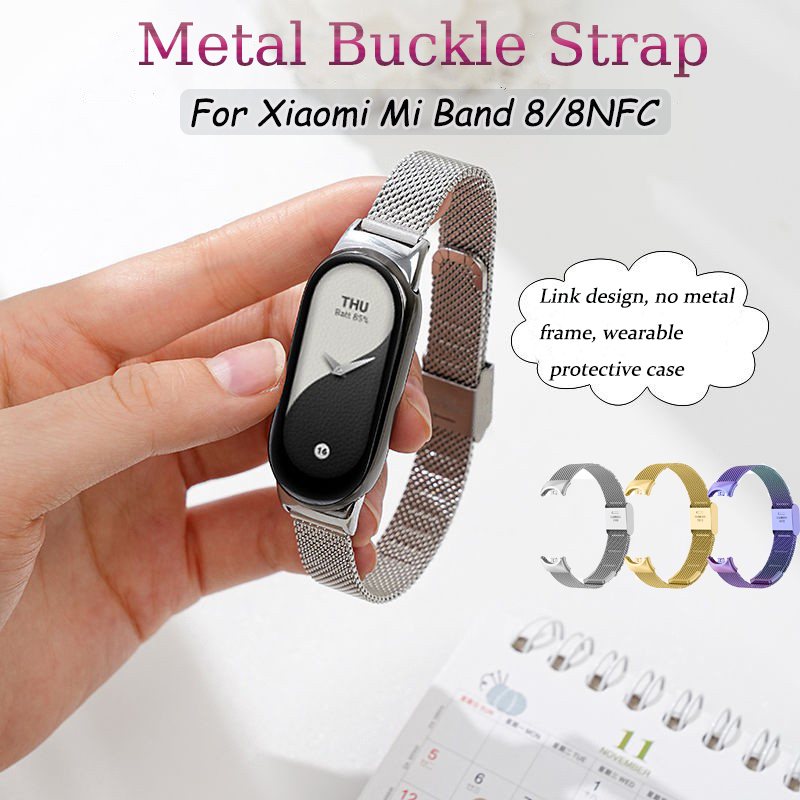 สําหรับ Xiaomi Mi Band 9/8 สายสแตนเลสสตีลโลหะหัวเข็มขัดสายรัดข้อมือ Milanese เปลี่ยนสร้อยข้อมือ Xiaomi Watch Band8 9NFC อุปกรณ์เสริม