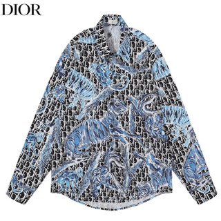 Dior เสื้อเชิ้ตแขนยาว คอพับ ผ้าฝ้าย พิมพ์ลาย แฟชั่นสําหรับผู้ชาย และผู้หญิง