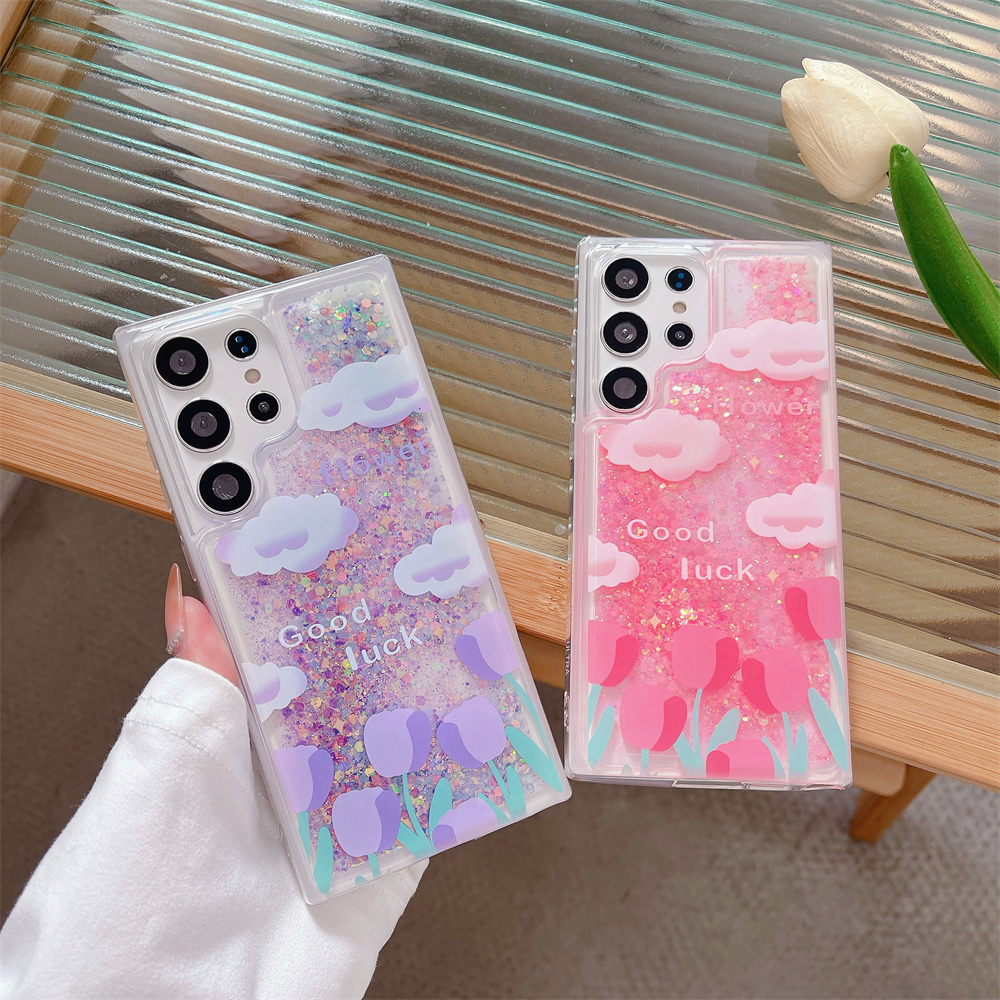 สําหรับ Samsung S23 Ultra S21 Plus S20 FE หมายเหตุ 20 10 S22 ทิวลิปดอกไม้ลวดลาย Luminous Glitter Liquid Bling Quicksand ฝาครอบ – โปรปัง