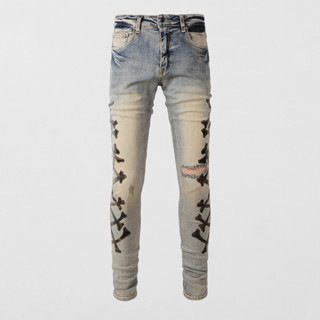 Amiri แฟชั่นใหม่วินเทจสีเหลืองสีฟ้ากางเกงยีนส์ยืดสำหรับผู้ชาย