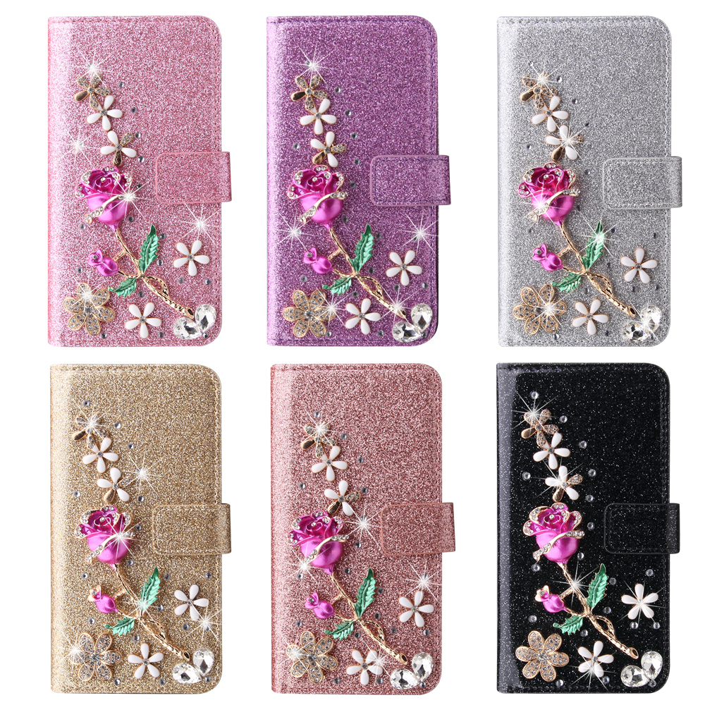 เคสโทรศัพท์หนัง PU ฝาพับ ลายดอกกุหลาบ ประดับเพชร พร้อมช่องใส่บัตร ตั้งได้ สําหรับ Samsung Galaxy S23 S24 Ultra S23+ A55 A35 A15 A05s