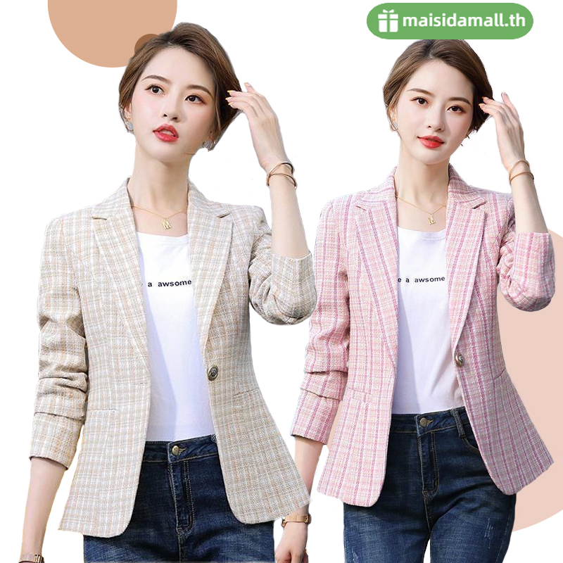ส่งไวจาก MSD สไตล์เกาหลี Blazer สูทลายสก๊อต สูททรง สูททำงาน สูทเข้ารูป เสื้อสูทสีขาว เสื้อสูทสีชมพู