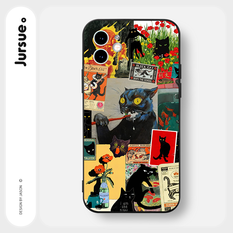 JURSUE เคสไอโฟน เคสซิลิโคนนุ่มกันกระแทกน่ารักตลก เคสโทรศัพท์ สีดำ Compatible for iPhone 16 15 14 13 12 11 Pro Max SE 2020 X XR XS 8 7 Plus พลัส Y3482