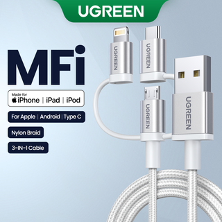 Ugreen 3 in 1 สายชาร์จ Micro USB Type-C Lightning Cable 3A สําหรับ iPhone14 13 Huawei Samsung Galaxy S23 แท็บเล็ต สายเคเบิล USB