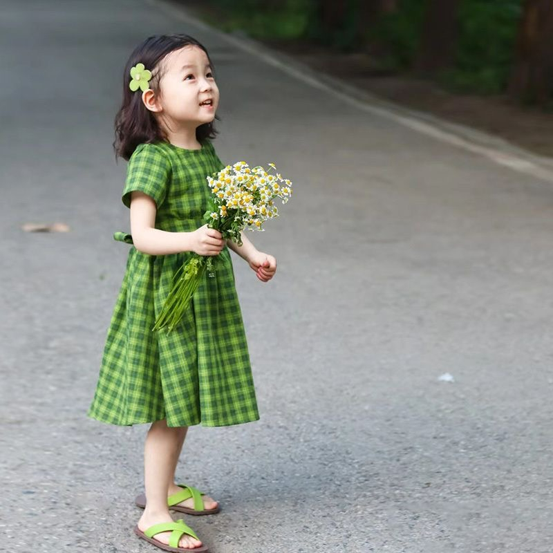 ชุดเดรสกระโปรง แขนสั้น ลายสก๊อต สีเขียว แฟชั่นฤดูร้อน สไตล์เกาหลี สําหรับเด็กผู้หญิง ราคา ถูกที่สุด ดีลบีเคเค แกลเลอรีภาพที่ 8