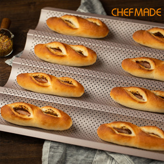 Chefmade กระทะบาแก็ต 15 นิ้ว 4 ช่อง ไม่ติดผิว ระบายอากาศ 2.8 นิ้ว สําหรับเตาอบ WK9865