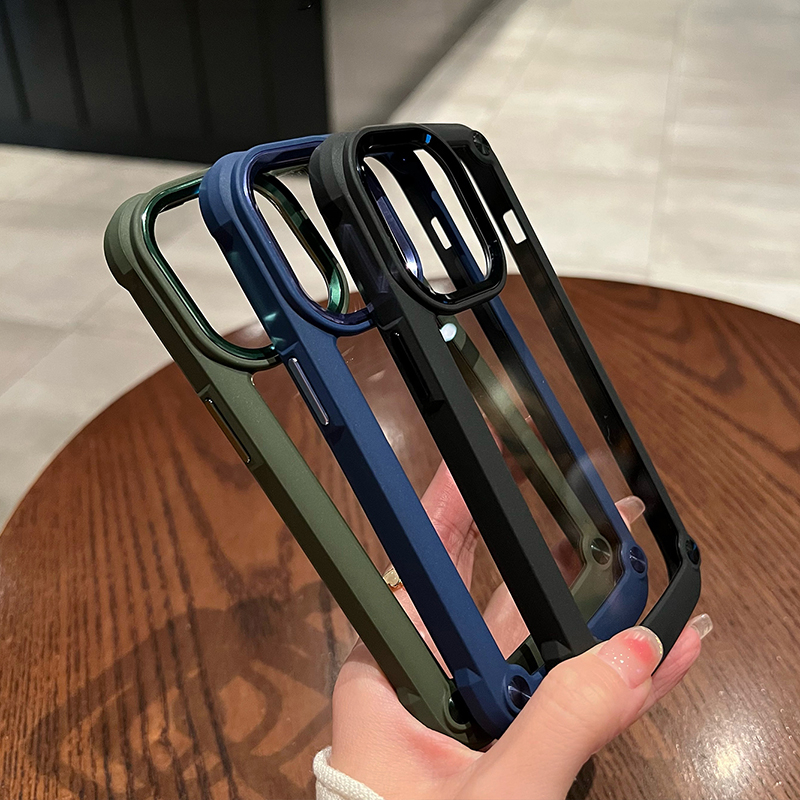 หนาสี่มุมโปร่งใสกันกระแทกเคสโทรศัพท์โลหะป้องกันกล้องสําหรับiPhone 17 16 15 14 13 12 11 Pro 16E Max XS XRเคลือบเงาโทรศัพท์ปลอกAnti-fall Cover