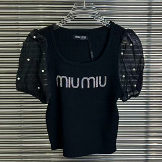 Miu เสื้อยืดแขนสั้น ผ้าถัก ทรงหลวม คุณภาพสูง สําหรับผู้หญิง