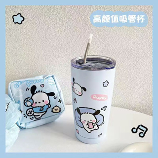 Pochacco แก้วกระติกน้ําร้อน แก้วสแตนเลส กระติกน้ําร้อนสแตนเลส ขนาดใหญ่ 600 มล. พร้อมหลอดดูดน้ํา