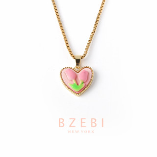 Bzebi สร้อยคอ หวาน สีชมพู ทิวลิป หัวใจ สเตนเลส ชุบทอง 18K สไตล์เกาหลี ป้องกันสนิม เครื่องประดับแฟชั่น พรีเมี่ยม ไม่จางหาย ใส่อาบน้ําได้ 1234n