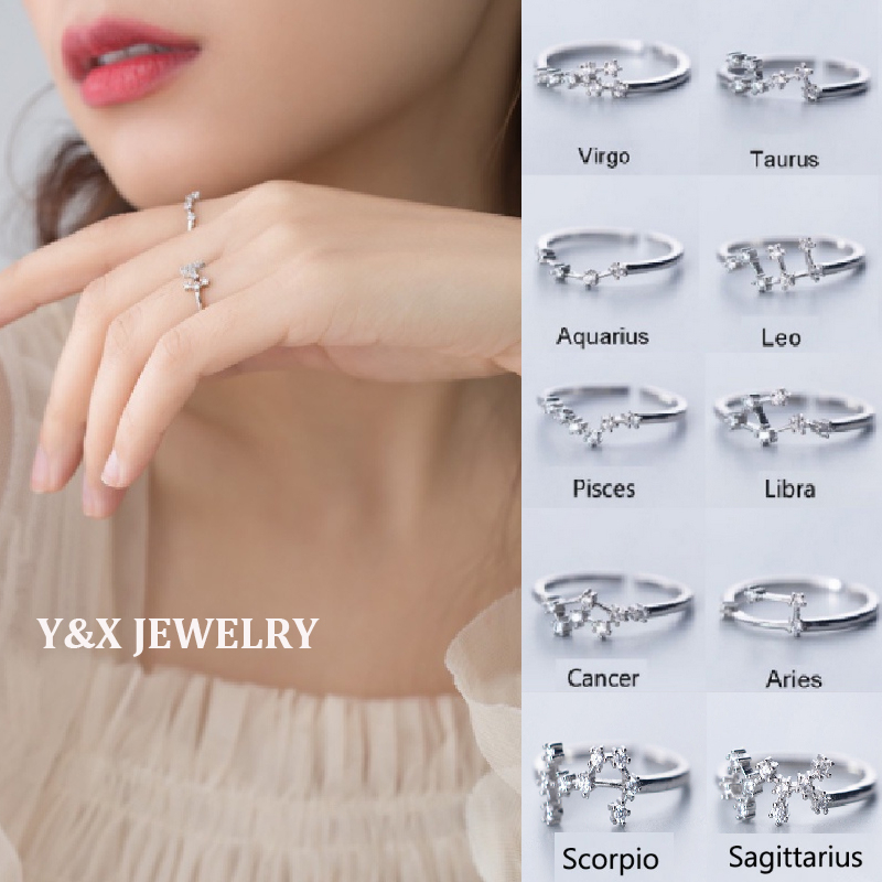 【Y&X】แหวนเงิน 925 ประดับเพทาย รูปราศี 12 กลุ่มดาว ปรับได้ สําหรับผู้หญิง