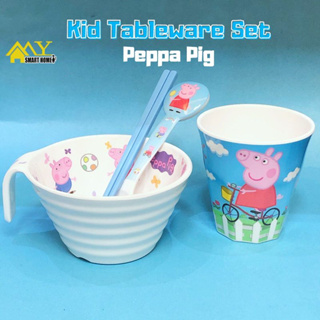 Peppa Pig ชุดจานชามอาหาร ชามพลาสติก เรซิ่น เกรดอาหาร กันตก ลายโดราเอมอน Hello Kitty สําหรับเด็ก