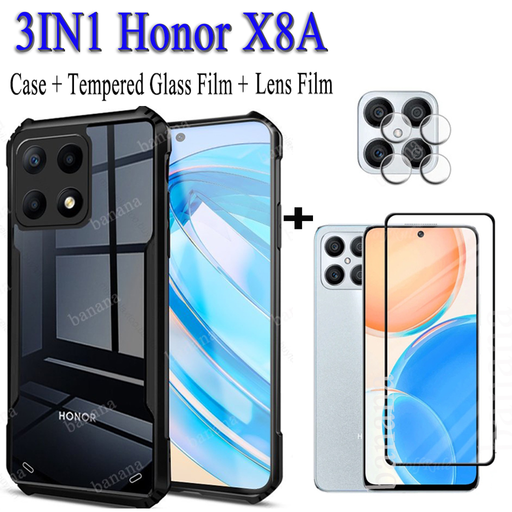 3 in 1 Honor X8A เคสโทรศัพท์มือถือป้องกันการล่มสลายสําหรับ Honor X8 A X7A ฟิล์มกระจกนิรภัย + ฟิล์มเล