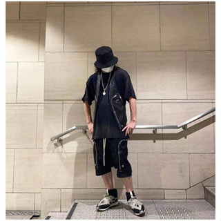 R RO RICK OWEN กางเกงฮาร์ลาน ขาห้าส่วน แต่งกระเป๋า ขนาดใหญ่ สําหรับขี่รถจักรยานยนต์