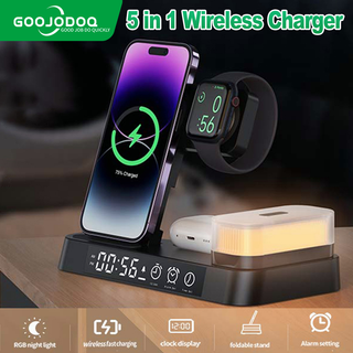 Goojodoq 5 in 1 แท่นชาร์จหูฟังไร้สาย พร้อมนาฬิกาปลุก และไฟกลางคืน สําหรับ iPhone Watch