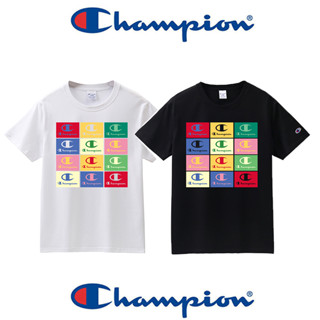 เสื้อยืดแขนสั้น คอกลม พิมพ์ลายโลโก้ Champion ทรงหลวม สีสันสดใส สไตล์ญี่ปุ่น สําหรับคู่รัก